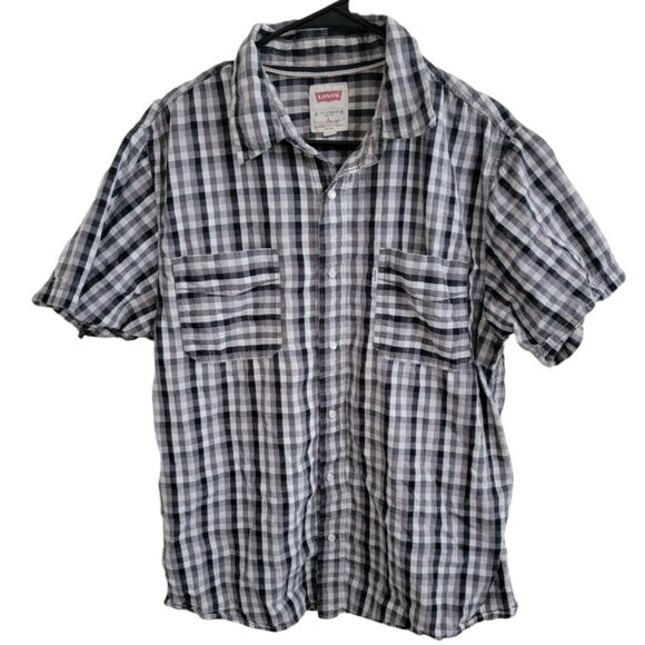 Levis Pearl Snap Western Shirt Mens Size Large Black White Plaid Short Sleeve - Picture 1 of 4